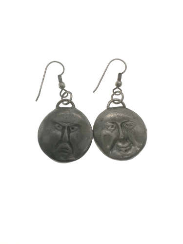 Earrings - Vintage Moon Face Earrings. Double Sided (Happy and Angry) Silver Tone - ML2186