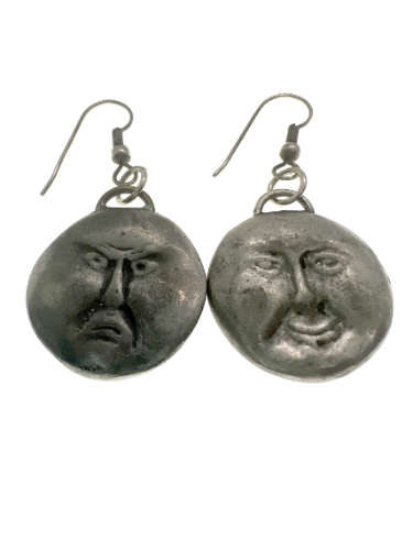 Earrings - Vintage Moon Face Earrings. Double Sided (Happy and Angry) Silver Tone - ML2186