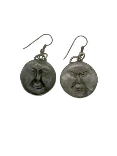 Earrings - Vintage Moon Face Earrings. Double Sided (Happy and Angry) Silver Tone - ML2186