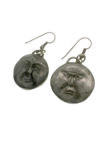 Earrings - Vintage Moon Face Earrings. Double Sided (Happy and Angry) Silver Tone - ML2186