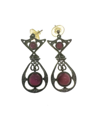 Earrings - Vintage Ornate Silver Tone Earrings with 2 x Pink Stones in Each - ML2187