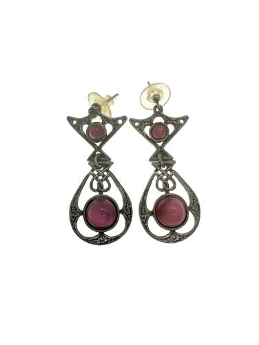 Earrings - Vintage Ornate Silver Tone Earrings with 2 x Pink Stones in Each - ML2187
