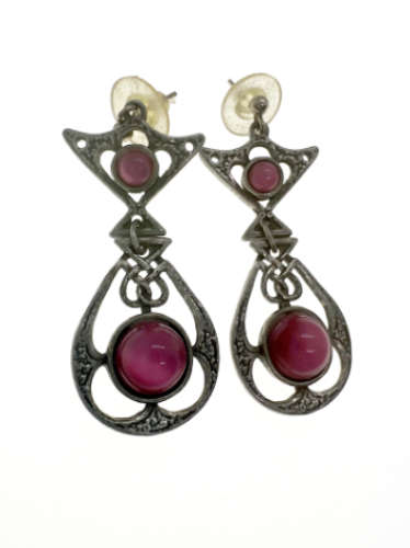 Earrings - Vintage Ornate Silver Tone Earrings with 2 x Pink Stones in Each - ML2187