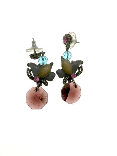 Earrings - Vintage Silver Tone Earrings. Butterfly. Purple Plastic Stone and Pink Stone - ML2188