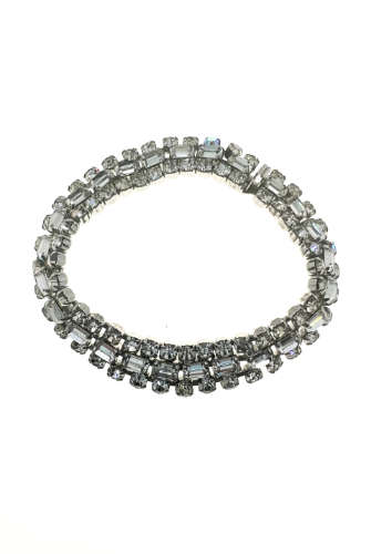 Bracelet - Vintage Silver Tone Cuff Bracelet. 3 Rows of Diamante Stones. One Blue Stone - ML2190