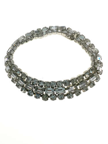 Bracelet - Vintage Silver Tone Cuff Bracelet. 3 Rows of Diamante Stones. One Blue Stone - ML2190