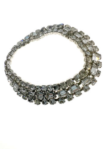 Bracelet - Vintage Silver Tone Cuff Bracelet. 3 Rows of Diamante Stones. One Blue Stone - ML2190