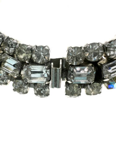 Bracelet - Vintage Silver Tone Cuff Bracelet. 3 Rows of Diamante Stones. One Blue Stone - ML2190