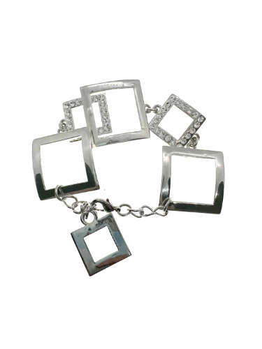 Bracelet - Vintage Silver Tone Square Link Bracelet with 2 Squares having Diamante Stones - ML2191