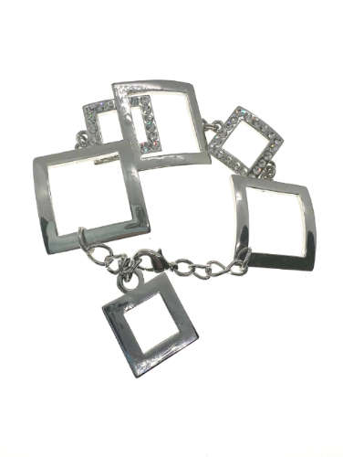 Bracelet - Vintage Silver Tone Square Link Bracelet with 2 Squares having Diamante Stones - ML2191