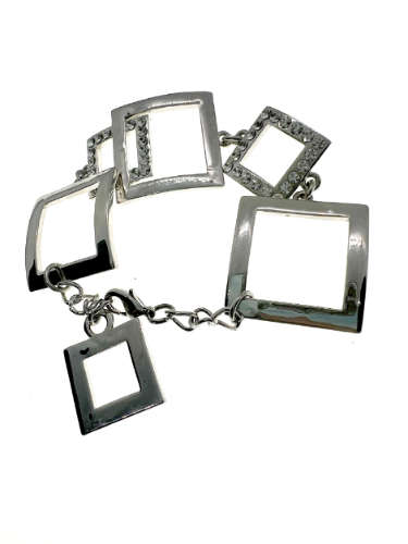 Bracelet - Vintage Silver Tone Square Link Bracelet with 2 Squares having Diamante Stones - ML2191