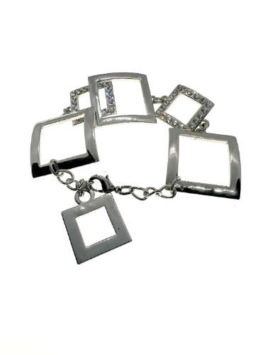 Bracelet - Vintage Silver Tone Square Link Bracelet with 2 Squares having Diamante Stones - ML2191