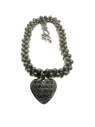Bracelet - Vintage Silver Tone Beaded Bracelet with 2 Charms - ML2194