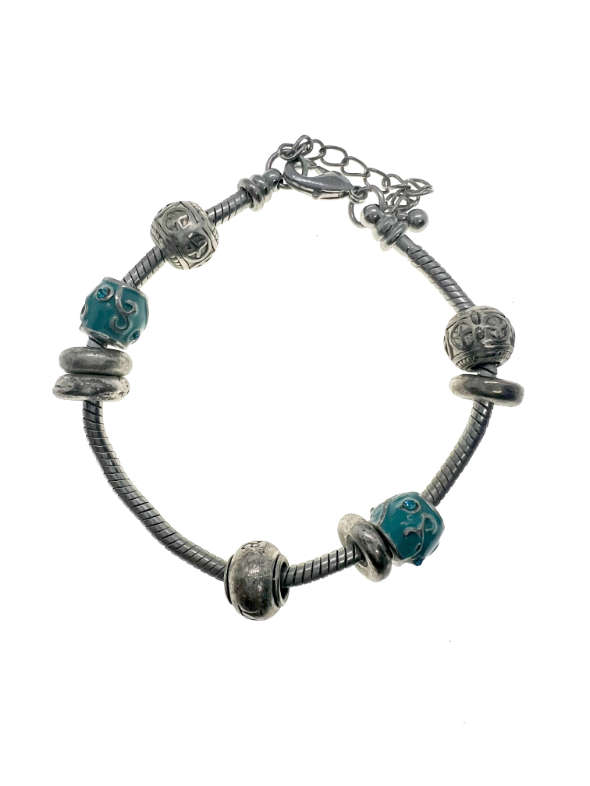 Bracelet -  Vintage Silver Tone Bracelet with troll Beads - Colours Silver and Turquoise - ML2204