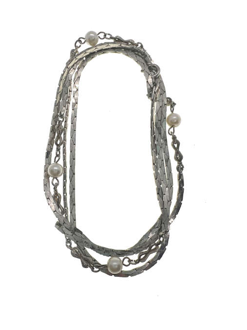 Vintage Necklace - Long Silver Tone Necklace with Faux Pearls - ML2205