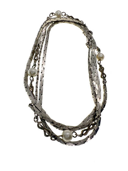 Vintage Necklace - Long Silver Tone Necklace with Faux Pearls - ML2205