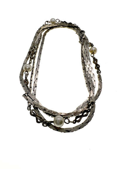 Vintage Necklace - Long Silver Tone Necklace with Faux Pearls - ML2205