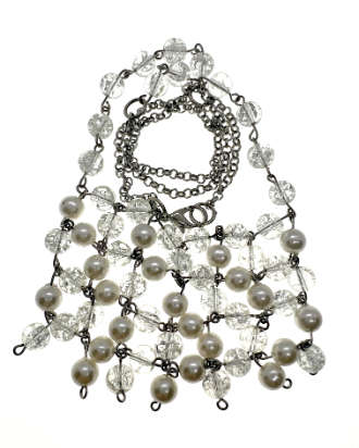 Necklace - Vintage Silver Tone Necklace with Clear Beads and Faux Pearl Beads - ML2207