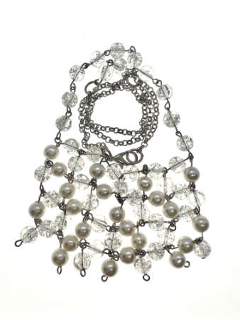 Necklace - Vintage Silver Tone Necklace with Clear Beads and Faux Pearl Beads - ML2207