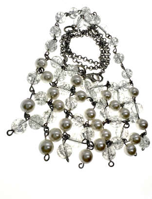 Necklace - Vintage Silver Tone Necklace with Clear Beads and Faux Pearl Beads - ML2207