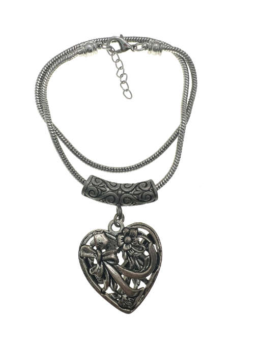 Pendant - Dark Silver Tone Chain with Tube. Silver Tone Heart with Floral. Bow Design - ML2208