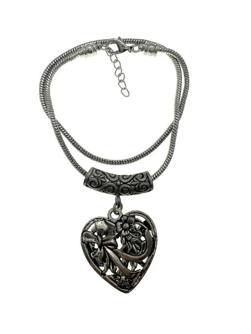Pendant - Dark Silver Tone Chain with Tube. Silver Tone Heart with Floral. Bow Design - ML2208