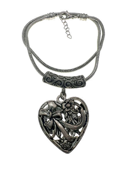Pendant - Dark Silver Tone Chain with Tube. Silver Tone Heart with Floral. Bow Design - ML2208
