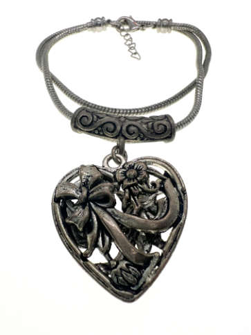 Pendant - Dark Silver Tone Chain with Tube. Silver Tone Heart with Floral. Bow Design - ML2208