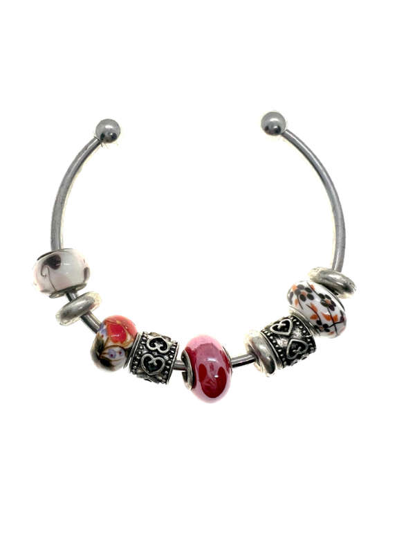 Bangle - Vintage Silver Tone Bangle with Multi-colour Beads - ML2211