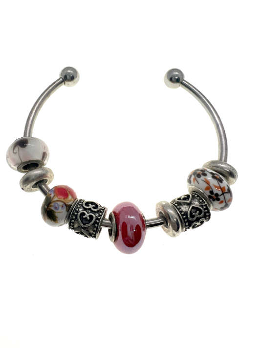 Bangle - Vintage Silver Tone Bangle with Multi-colour Beads - ML2211
