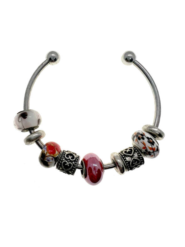 Bangle - Vintage Silver Tone Bangle with Multi-colour Beads - ML2211