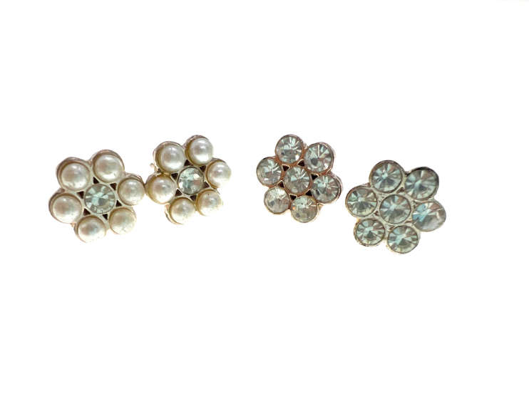 Earrings - Vintage Silver Tone Flower Earrings Set of 2 Diamantes and Pearly Beads - ML2212