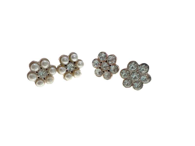 Earrings - Vintage Silver Tone Flower Earrings Set of 2 Diamantes and Pearly Beads - ML2212