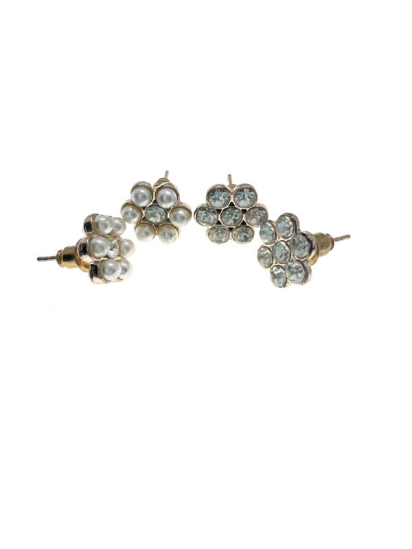 Earrings - Vintage Silver Tone Flower Earrings Set of 2 Diamantes and Pearly Beads - ML2212
