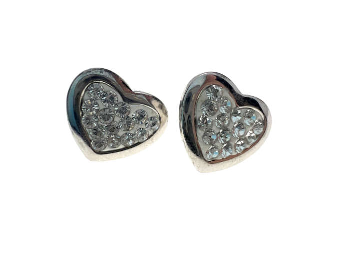 Earrings - 925 Silver Heart Shaped Earrings with Diamantes For Pierced Ears - ML2215