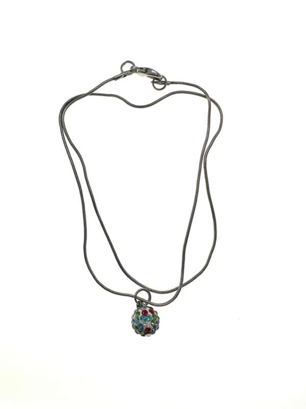 Necklace - Vintage Silver Tone Snake Necklace with Glitter Ball and Coloured Rhinestones - ML2225