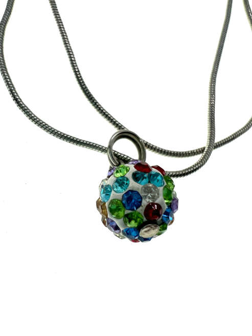 Necklace - Vintage Silver Tone Snake Necklace with Glitter Ball and Coloured Rhinestones - ML2225