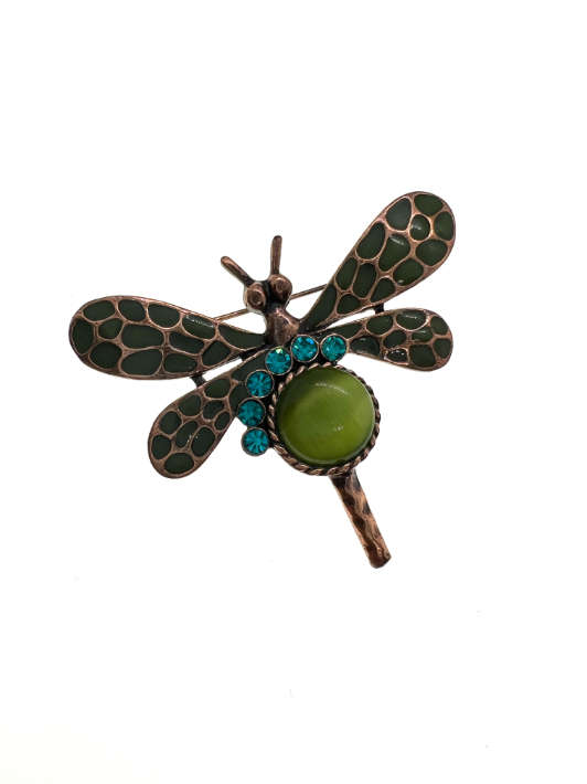 Brooch - Vintage Copper Tone Dragonfly, Green & Copper Wings. Turquoise Stones & Green Stone - ML...