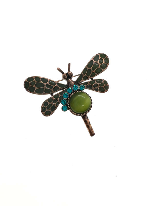 Brooch - Vintage Copper Tone Dragonfly, Green & Copper Wings. Turquoise Stones & Green Stone - ML...