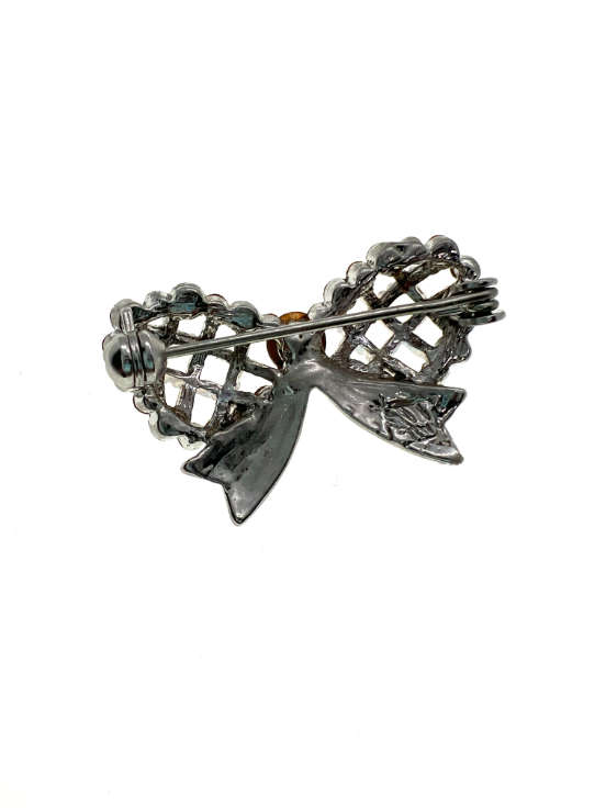 Brooch - Vintage Silver Tone Bow Brooch. Large Purple Stone, Pink and Purple Rhinestones - ML2234