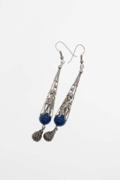 Earrings - Silver Tone Dangling Teardrop Earrings with Teal Blue Ball and Filigree Design - ML2249