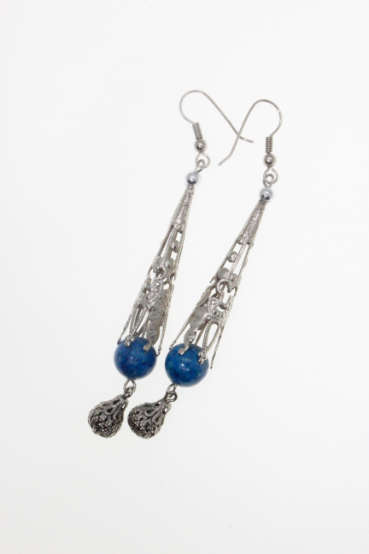 Earrings - Silver Tone Dangling Teardrop Earrings with Teal Blue Ball and Filigree Design - ML2249