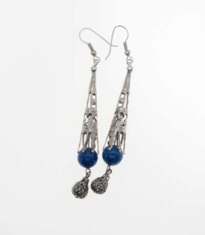 Earrings - Silver Tone Dangling Teardrop Earrings with Teal Blue Ball and Filigree Design - ML2249