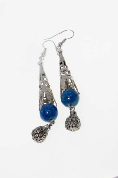Earrings - Silver Tone Dangling Teardrop Earrings with Teal Blue Ball and Filigree Design - ML2249
