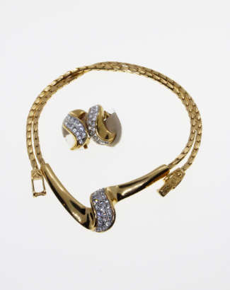 Set - Vintage Gold Tone Choker Necklace and Earrings Stamped A&S with Diamantes - ML2252