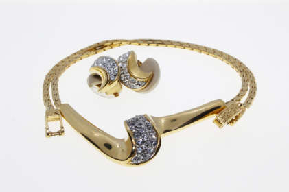 Set - Vintage Gold Tone Choker Necklace and Earrings Stamped A&S with Diamantes - ML2252
