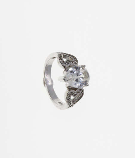 Ring - Vintage 925 Silver with Pear Shape Clear Stone with Parve Hearts on either side - ML2253