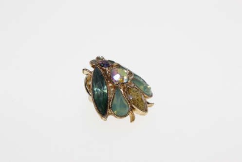 Brooch Pin - Vintage Gold Tone Fly Insect Pin with Aquamarine Green Colour Stones - ML2259