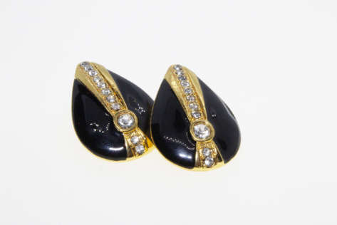 Earrings - Vintage Black Teardrop Gold Tone Earrings with Diamantes - ML2265