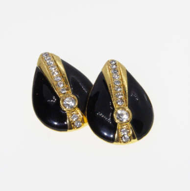 Earrings - Vintage Black Teardrop Gold Tone Earrings with Diamantes - ML2265